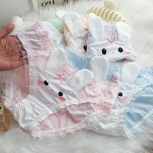 中低腰蕾絲邊三角褲 少女日系印花兔牛奶絲面包褲 卡通可愛(ài)兔子內(nèi)褲