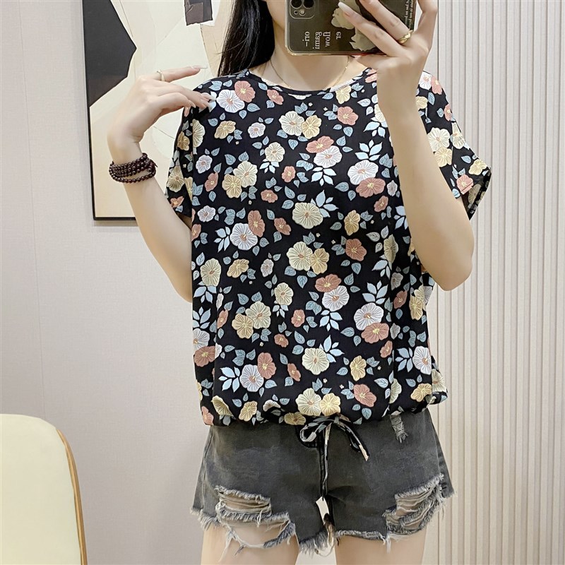 棉绸面料夏季宽松大码短袖上衣百搭显瘦打底衫遮肚减龄人造棉t恤