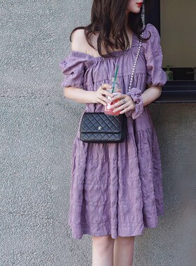 紫色肌理感方领法式宽松蛋糕裙减龄黑色娃娃裙孕妇连衣裙2024秋