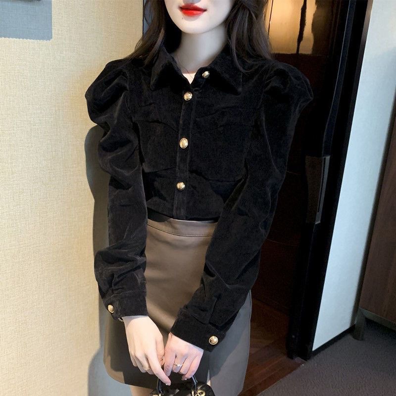 复古宫廷风黑色丝绒衬衫女设计感小众秋冬季加绒泡泡袖别致小上衣