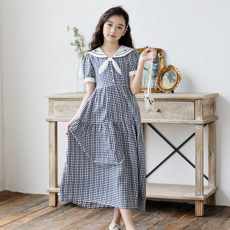 女童青少年连衣裙休闲风过膝长裙初中生娃娃领格子裙大童甜美裙子