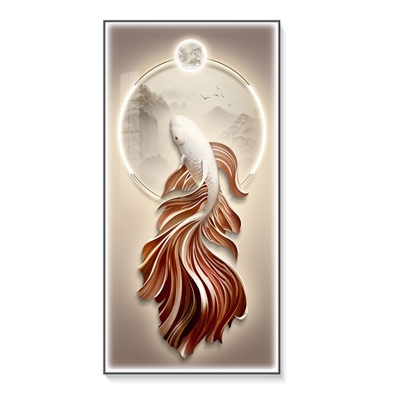 高级轻奢玄关装饰画孔雀鱼豪华大气客厅走廊过道壁画九鱼招财挂画图片