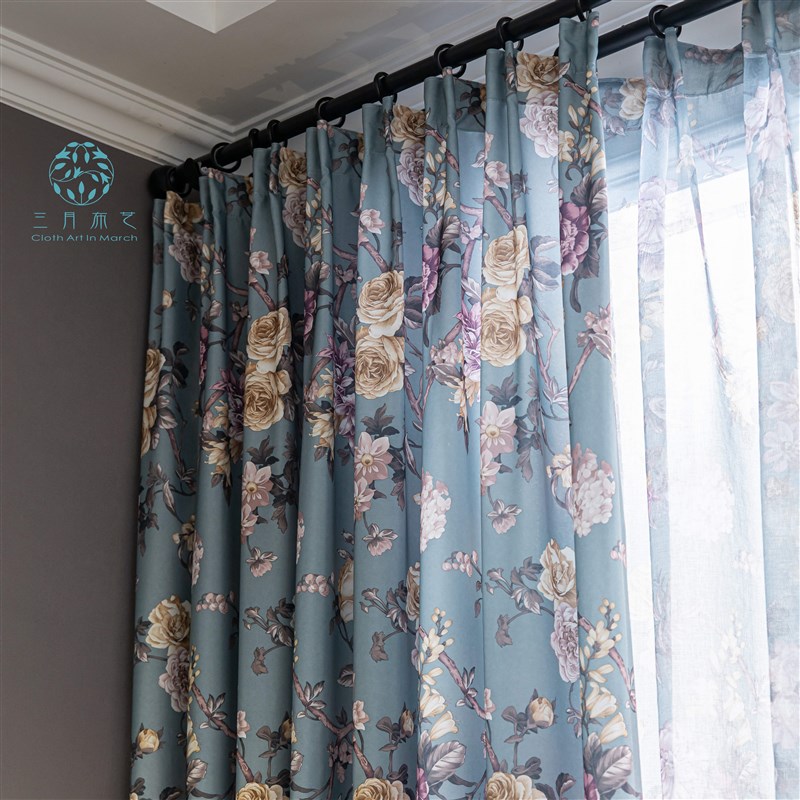 美式田园风玫瑰花窗帘复古月季半遮光卧室书房客厅阳台飘窗窗帘