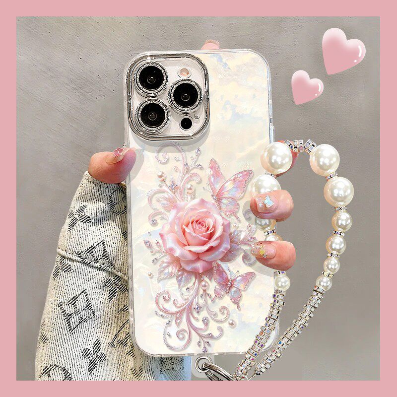 粉玫瑰手链适用iPhone17Promax手机壳苹果16plus小米17华为mate80K90P70VIVOX200nova14reno15荣耀500magic7
