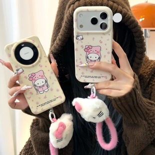 秋冬毛绒KT挂绳新款 适用苹果17Pro手机壳iPhone16max小米15华为mate80pura70k80nova14荣耀400x100findx8s30