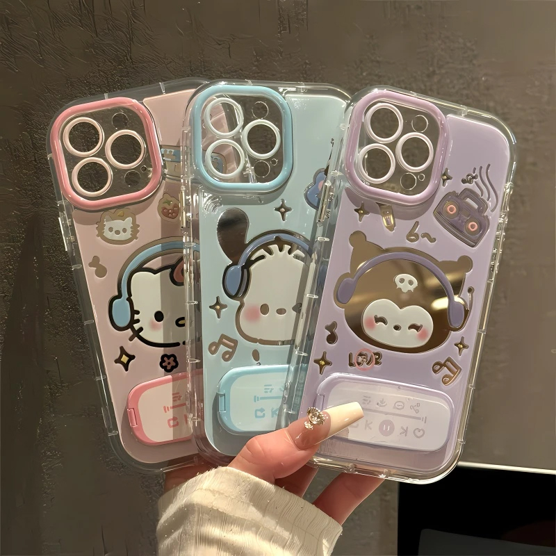 听音乐凯蒂猫镜子支架适用苹果16Pro手机壳iPhone14max小米15华为mate60P70k80Reno13nova12x200opppofindx7