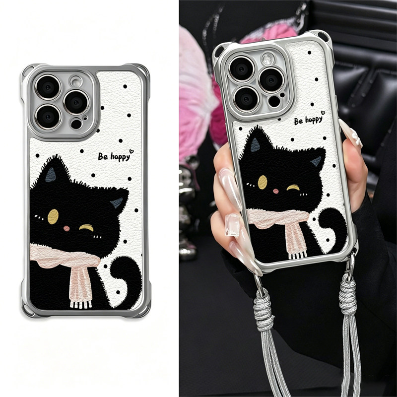波点贴贴黑猫挂绳适用苹果17promax手机壳iPhone16por华为mate70p80小米17Y300findx9reno15nova14k90一加13