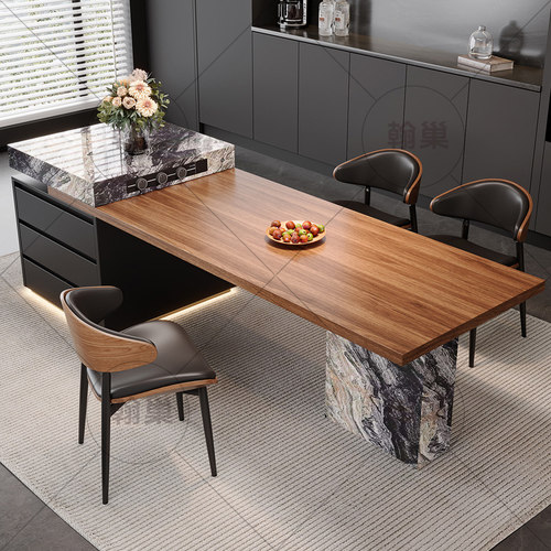 奢石岩板岛台餐桌一体家用可伸缩