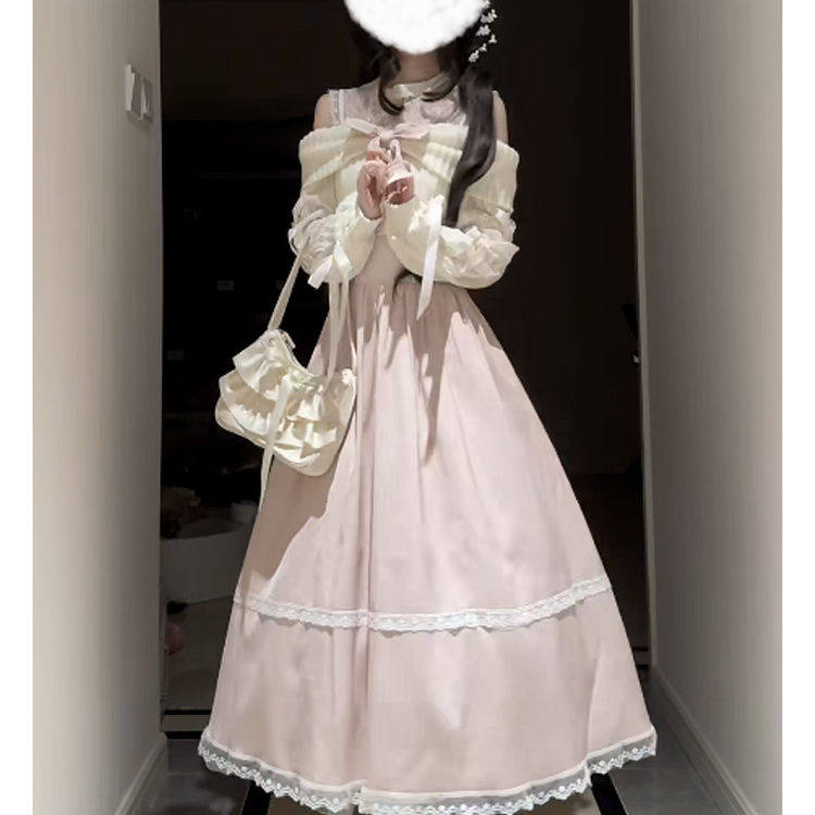 秋日絮语 清楚系优雅温柔低饱和浅粉收腰长裙露肩绑带长袖连衣裙