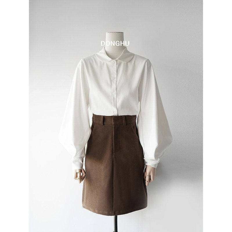 冬瑚娃娃领灯笼袖白色衬衫女长袖磨毛上衣韩系宽松立领泡泡袖衬衣