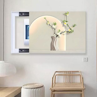 可推拉电表箱装饰画2025新款奶油风多媒体盒遮挡箱钢化玻璃面超薄