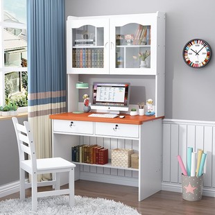 实木书桌书柜一体写字桌书架电脑桌小户型家用松木桌学生学习桌