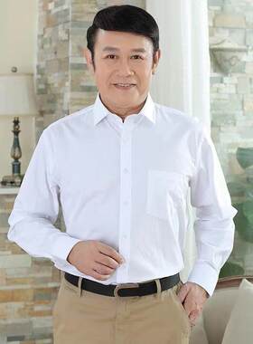 平下摆中老年衬衫男长袖爸爸装春秋薄款男士寸衫宽松父亲衬衣大码