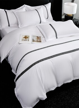 酒店加厚床上用品四件套白色宾馆布E草床单被套民宿公寓被褥一整