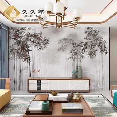 新中式古典岩板背景墙客厅石竹子电视墙瓷砖水墨壁画定制大板连纹