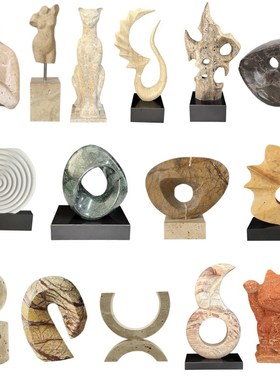 现代简约天然大理石黄洞石人体动物几何抽象雕塑摆件样板间装饰品