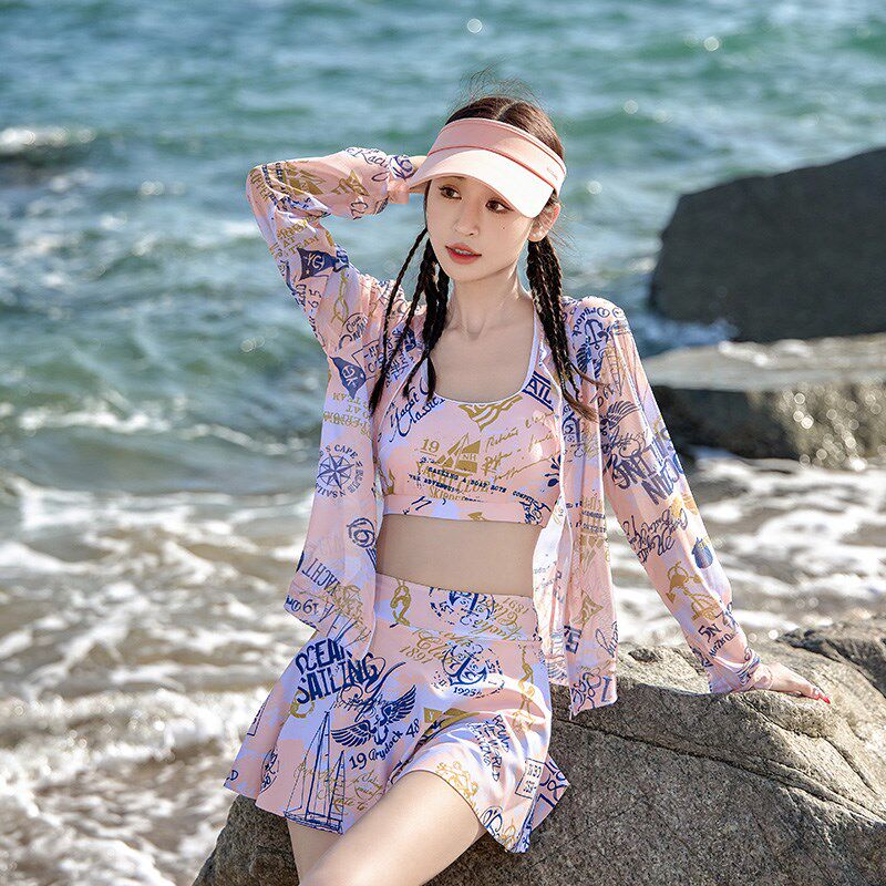 新款泳衣女微胖遮肉显瘦少女风泳装分体三件套拉链罩衫外罩海边
