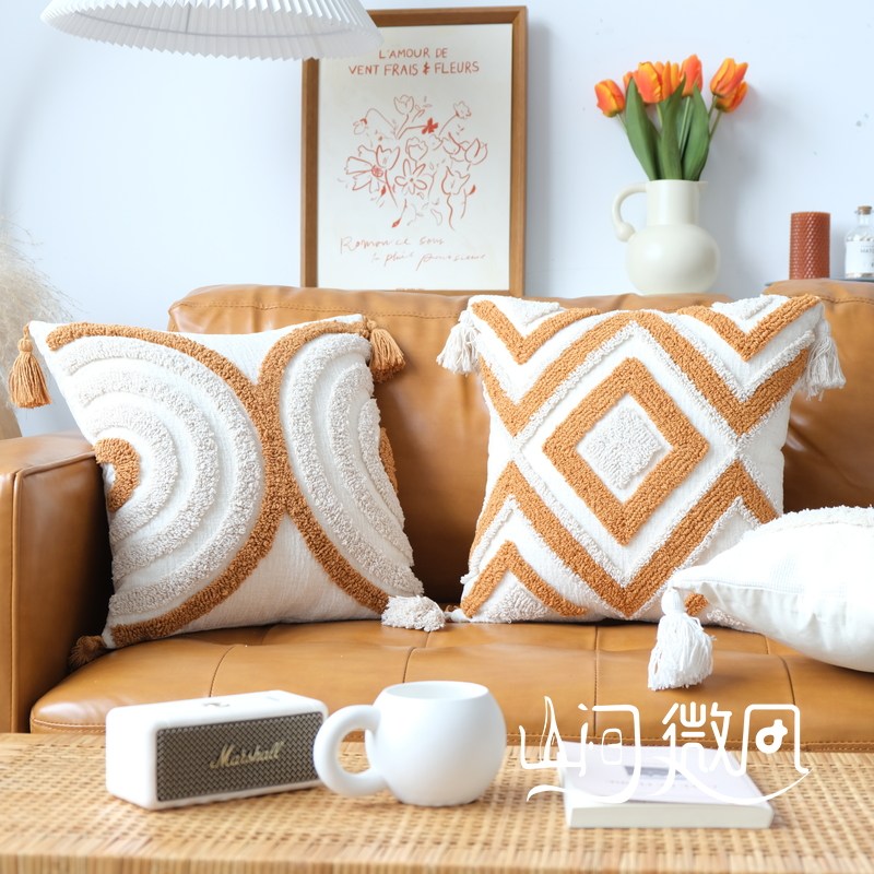橘色圈绒美式抱枕摩洛哥民族风ins风客厅靠枕民宿靠垫套靠背簇绒