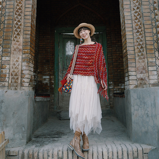 梦的马民族风披肩西藏新疆旅行保暖红色斗篷两用毛衣流苏披风围脖