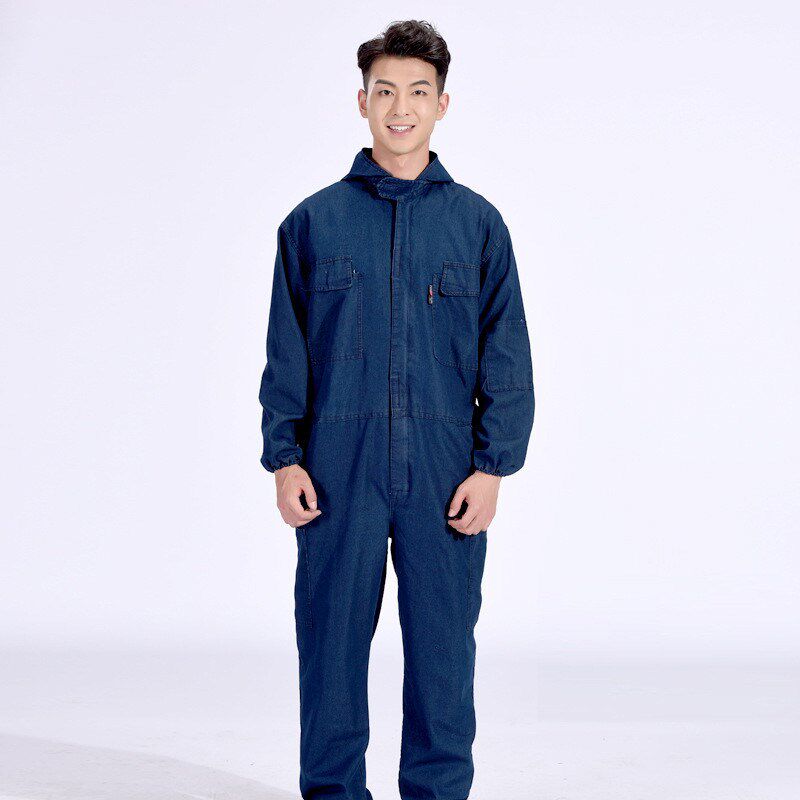连体牛仔工作服套装男夏薄款工装电焊加厚耐磨喷漆防尘一体劳保服