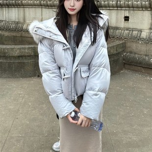 宽松小个子棉服 韩版 超好看大毛领牛角扣短款 羽绒棉袄女冬2025新款