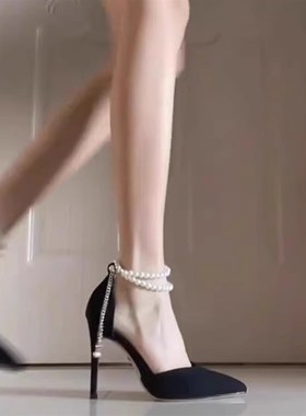 毛容易包头高跟鞋后绊带黑色尖头单鞋凉鞋女夏细跟成人礼2025新款
