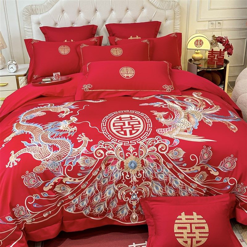 高档龙凤刺绣结婚四件套大红色新婚陪嫁被套纯棉婚庆床上用品婚房