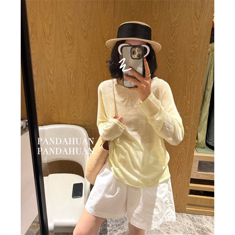 有氧呼吸*青柠黄_卷边袖口干爽微透感长袖防晒t恤衫女薄薄de罩衫