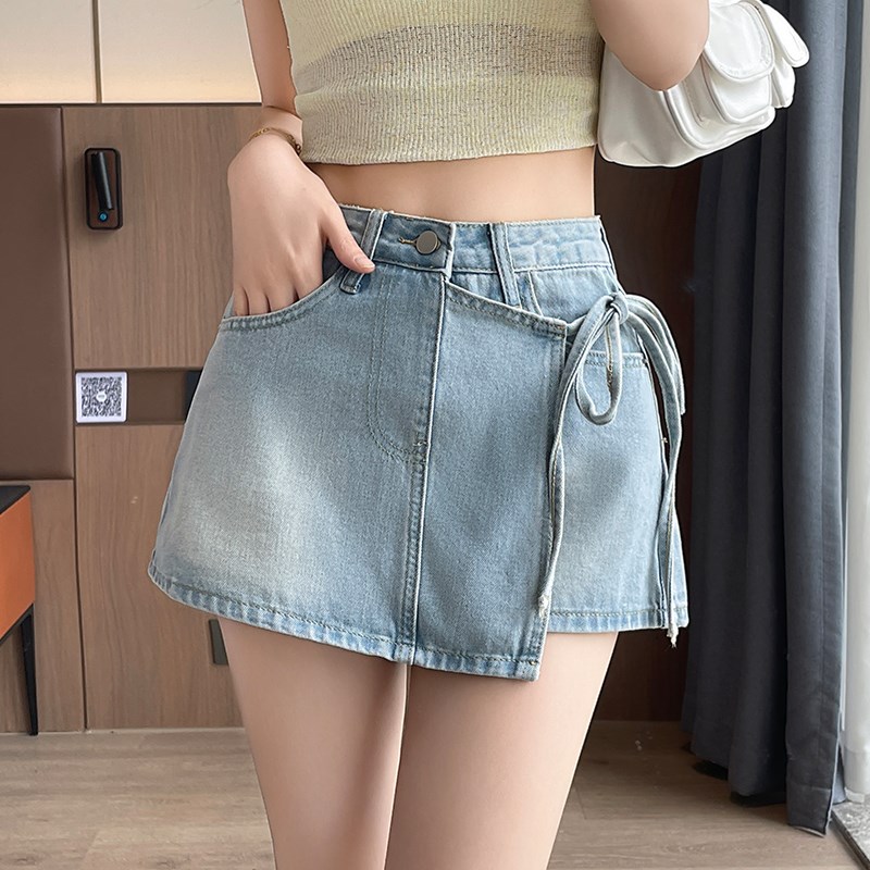 韩版假两件绑带包臀裤2025夏季薄款小众不规则牛仔裙裤女辣妹热裤
