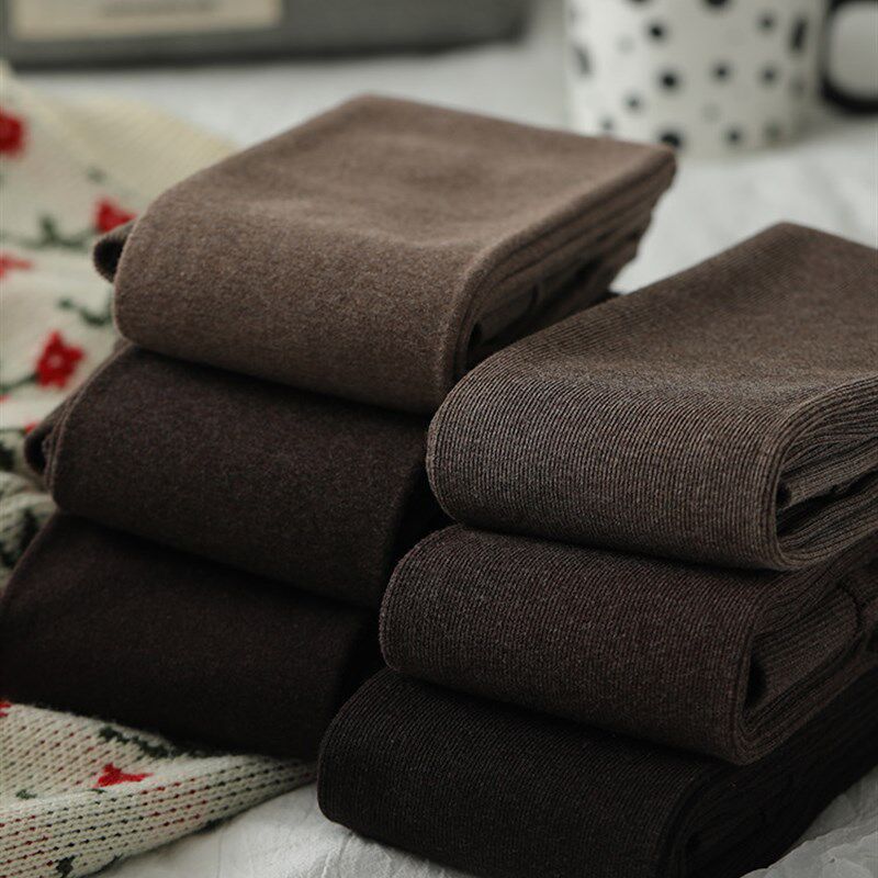 日系美拉德竖条纹加绒打底裤w外穿女春秋冬平纹棕色薄绒踩脚连裤