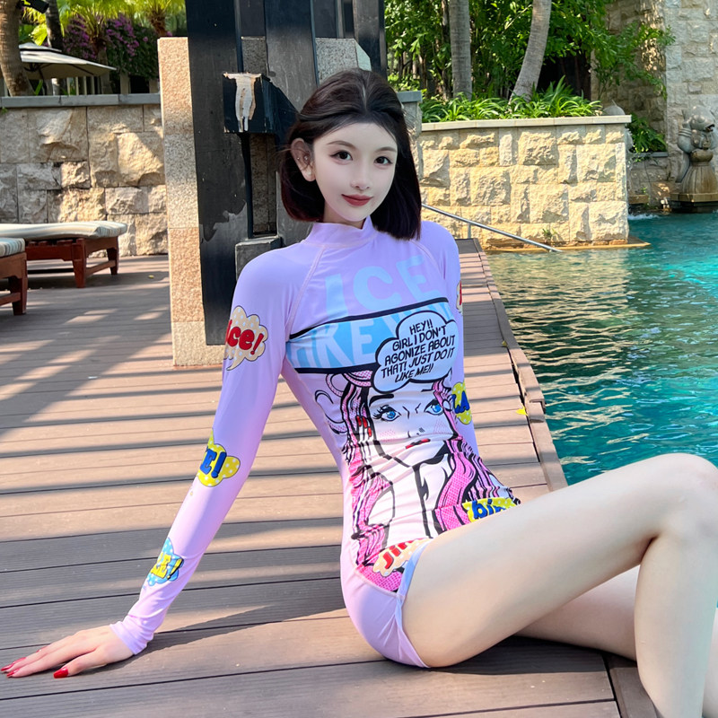 长袖游泳衣女新连体平角大码保守显瘦温泉卡通P浮潜防晒冲浪沙滩