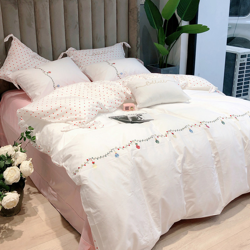 网红款公主风纯白色四件套全棉欧式刺绣床单被套1.8m床上用品