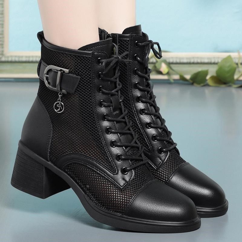 红青蜓网面短靴女粗跟马丁靴春夏薄款2024新款中跟网纱凉靴镂空透,女鞋,婚鞋,淘宝优惠券,粉丝福利购,淘宝优惠卷