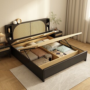 黑色藤编实木床主卧加宽二胎2米x2C米200220两米乘两米二的大床