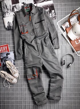 橙色美式连体工作服套装男宽松春秋长袖耐磨汽修工装万圣节服饰