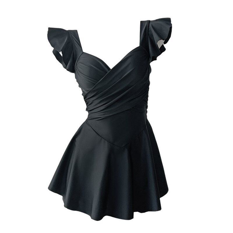 黑色连体泳衣女高级感显瘦遮肚钢托聚拢泡温泉保守分体裙式游泳装