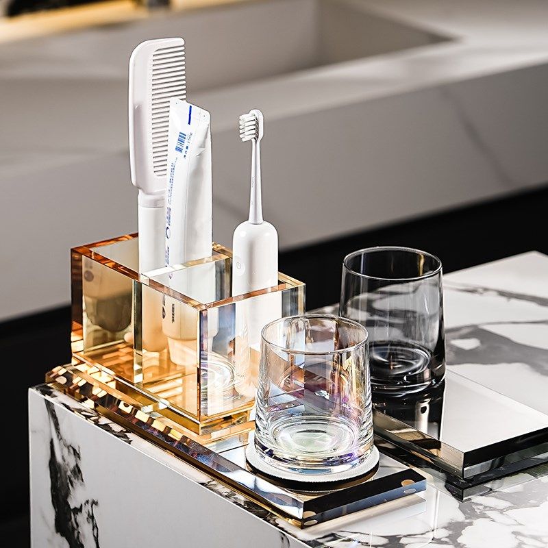家用水晶玻璃单人牙刷架洗漱口杯架置物架极简风卫生间梳子收纳筒