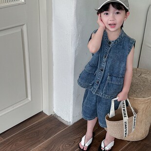 暮晨家新款夏装2024男童纯色牛仔马甲中小童薄款宽松中裤两件套装