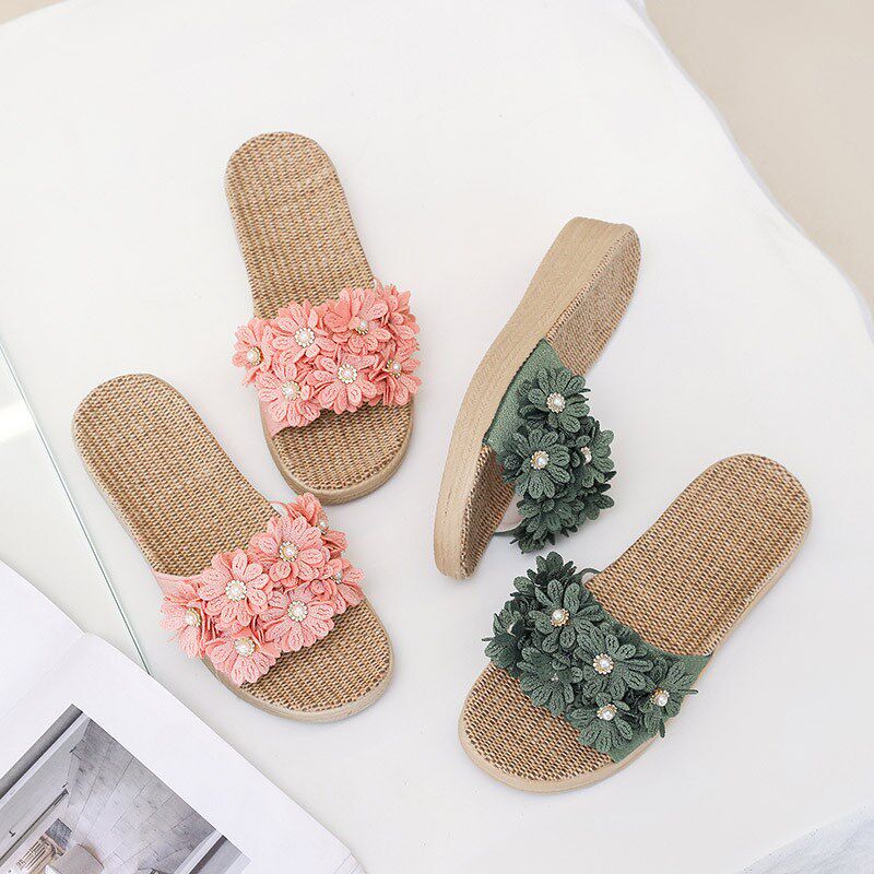公主风甜美雏菊厚底坡跟亚麻凉拖鞋女家用防滑少女心花朵居家鞋夏