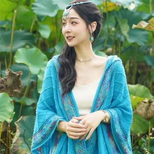 民族风披肩外搭大理丽江旅游斗篷拍照围巾女云南青海草原连帽披风