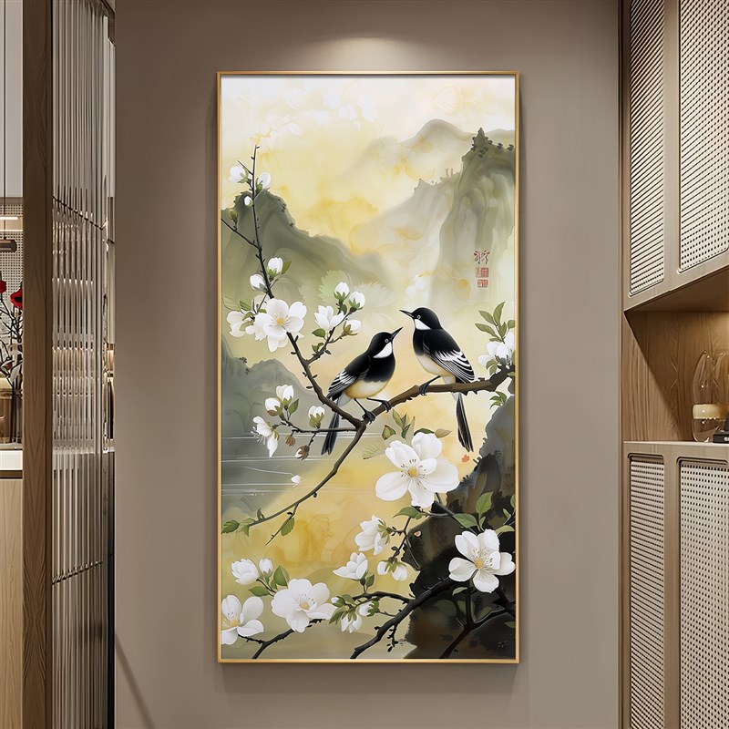 喜上梅梢玄关装饰画带灯喜鹊报喜走廊过道壁画入户正对门挂画