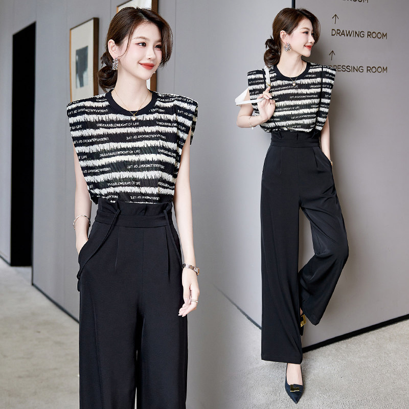 网红时尚套装女2024年夏季新款条纹T恤背带阔腿裤两件套休闲长裤