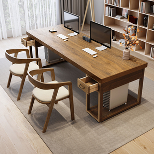 全实木电脑桌台式双人办公v桌家用书桌长条老板桌工作台学习抽屉