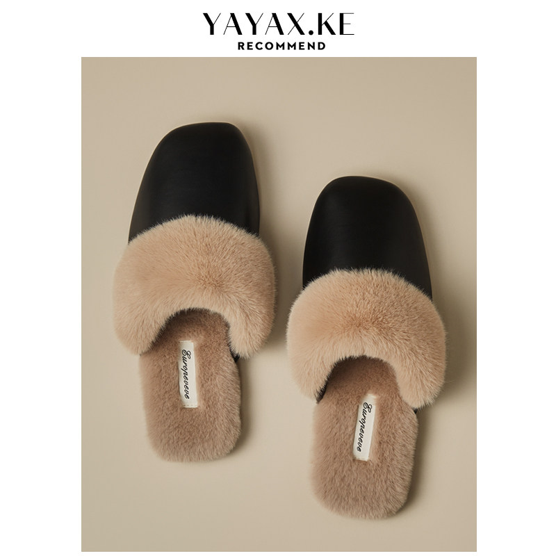 黑色女款皮棉拖鞋冬季加绒保暖防滑室内居家用防水Tpu拖鞋女士冬