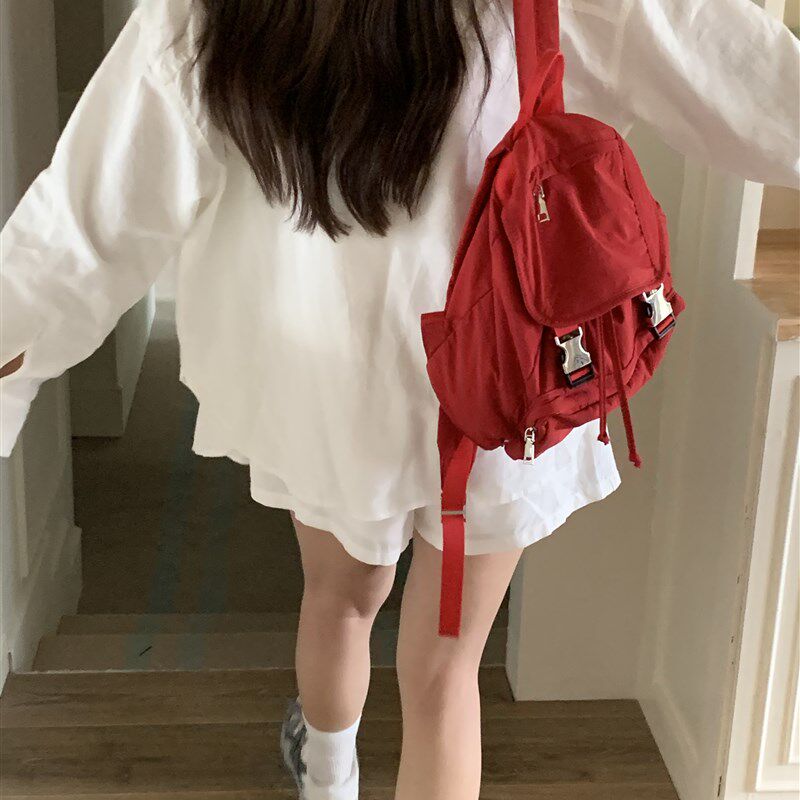 芝士商店~旅游轻便双肩包女设计感黑色背包小众手提书包百搭包包