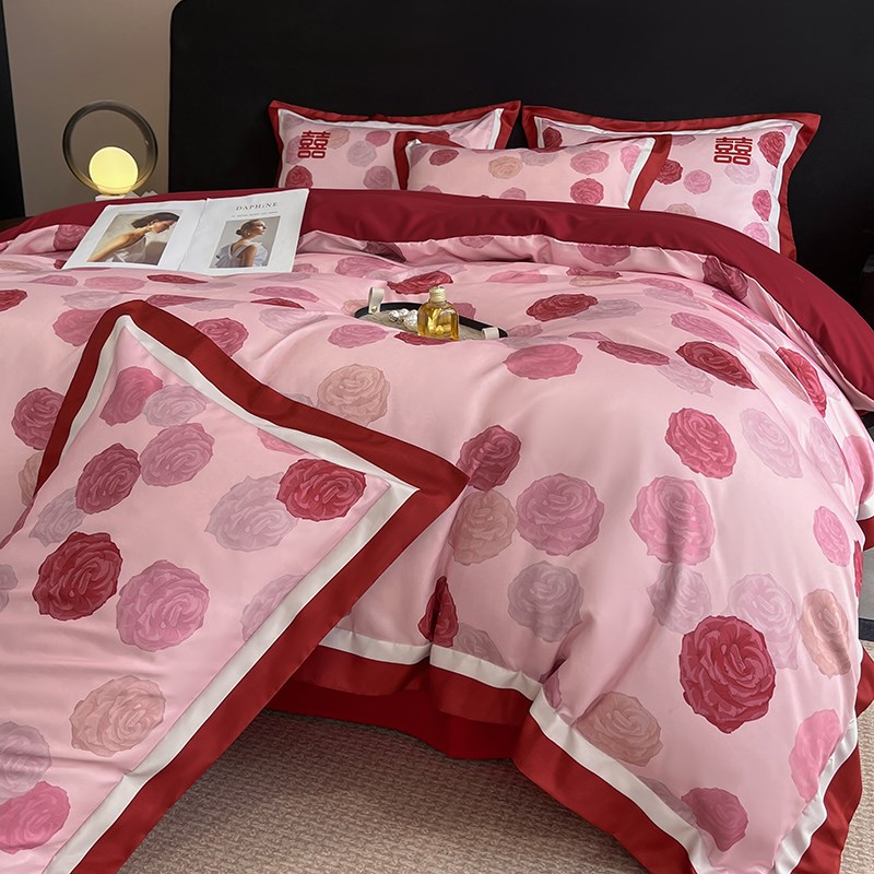 礼盒装简约120支婚庆四件套红色印花喜被套陪嫁婚礼结婚床上用品4