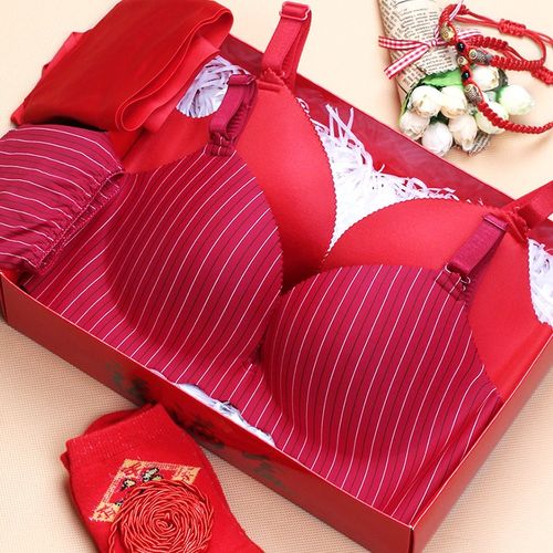 红色内衣女结婚新娘套装内裤本命年龙年礼物无痕小胸聚拢文胸礼盒