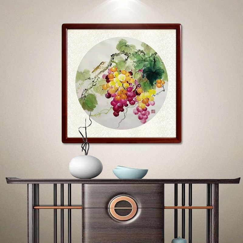 OQ5M牧庭手绘国画写意圆形葡萄斗方装饰画玄关挂画硕果累累餐厅装