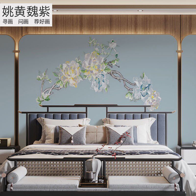 蓝色低饱和法式浅色年轻时尚牡丹大花朵独绣壁画硬包床屏机绣壁布