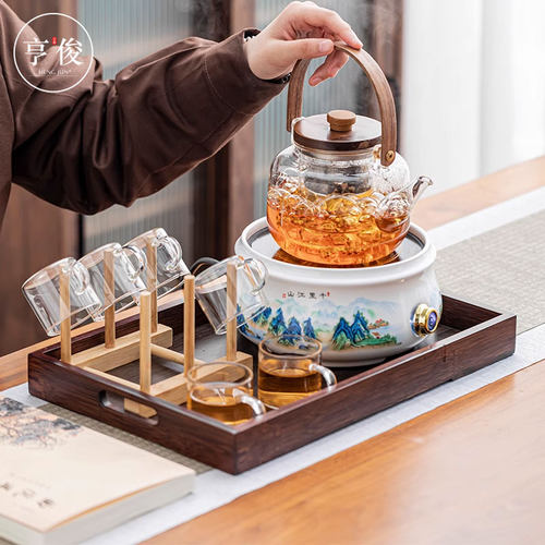千里江山月白青峰电陶炉国潮风围炉煮茶器M加厚玻璃耐高温蒸煮茶